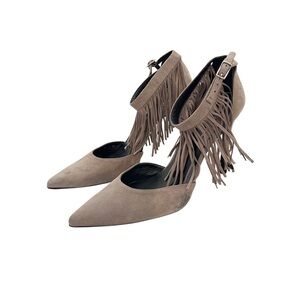 Stuart Weitzman Beige Genuine Leather Suede Fringe High Heels Pump Sandals 7 M‎